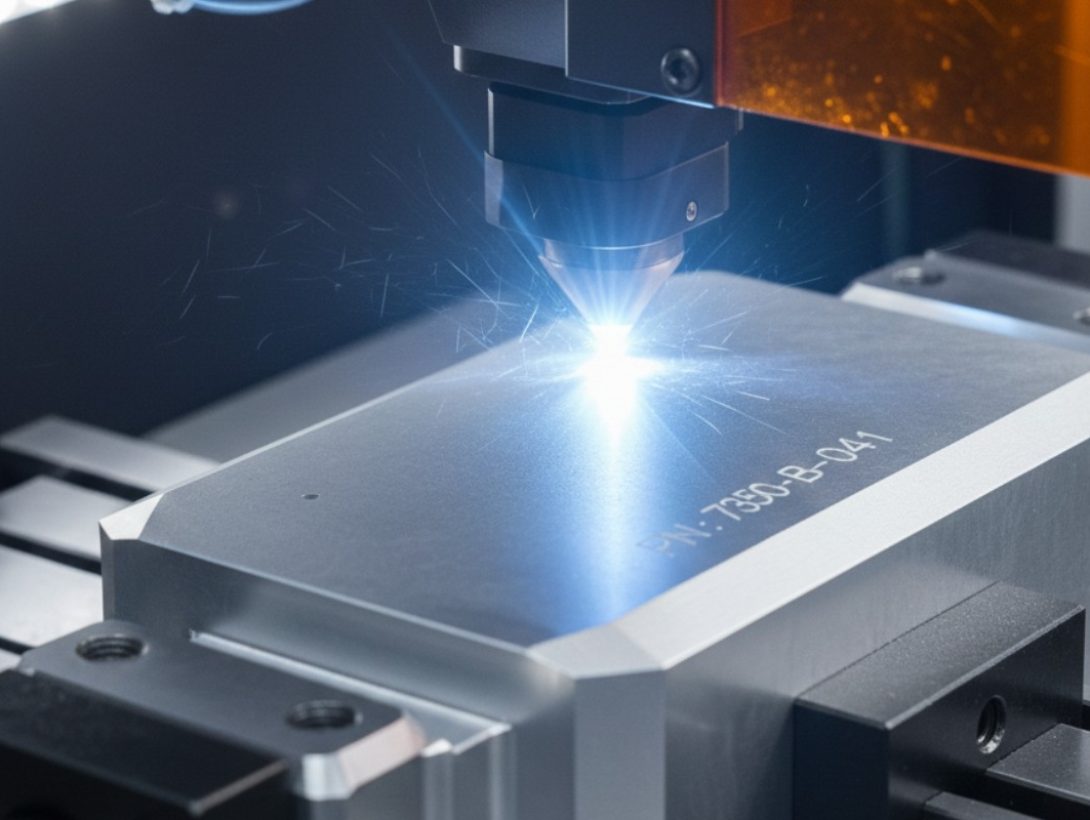 Laser marking machine engraving identification code onto a metal component
